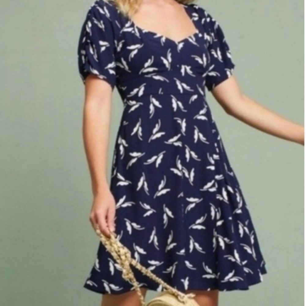 Maeve Anthropologie Dress Size 0 Navy Blue Ruched Short Sleeve Keyhole